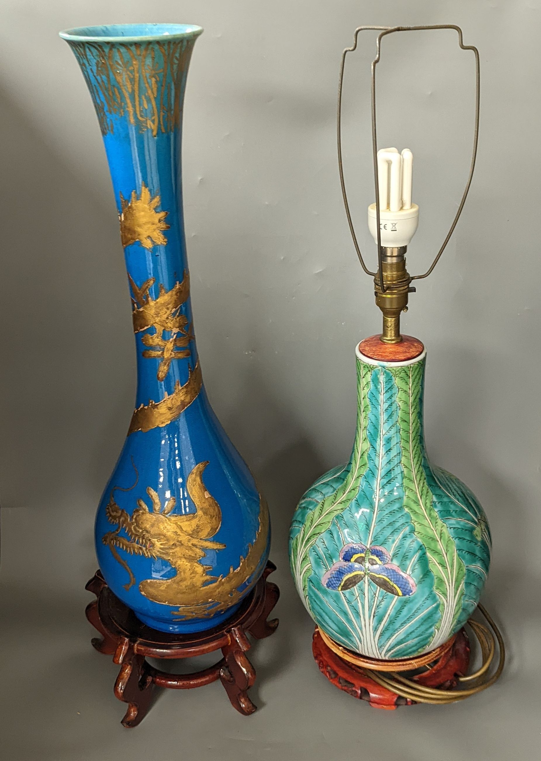 A Japanese gilt lacquered and turquoise glazed ’dragon’ vase on stand, and a Chinese cabbage patterned table lamp, Dragon vase and stand 65 cms high.